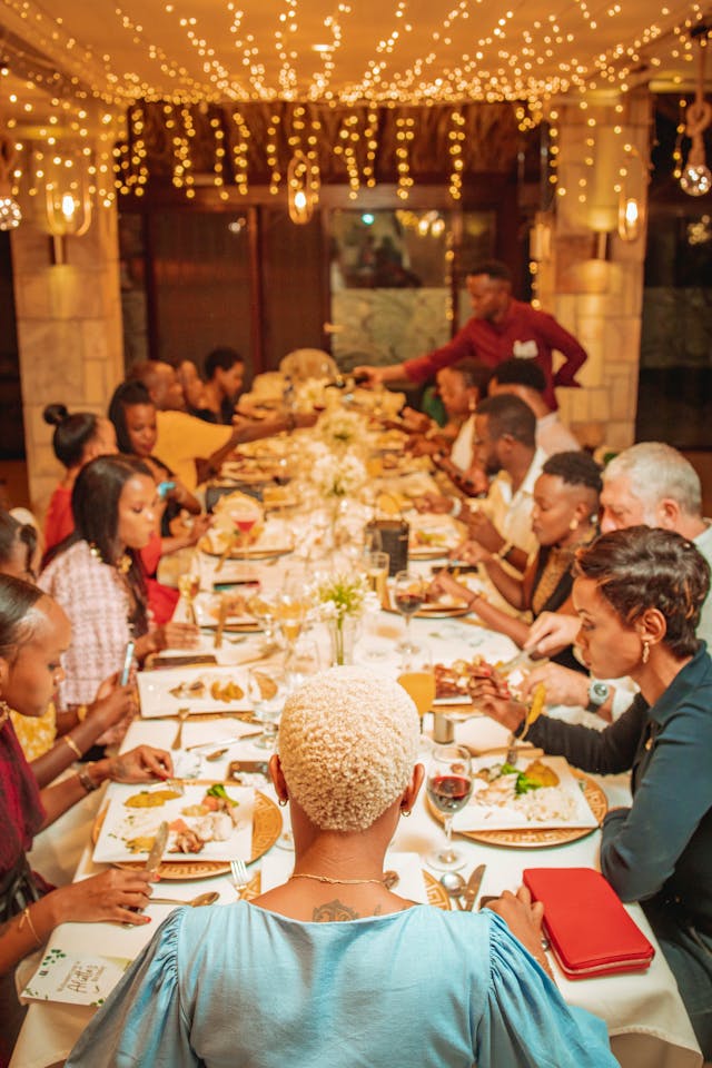 family eating food in restaurant